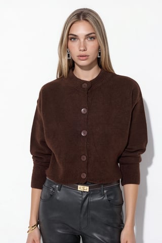 Crop Ribbed Cardigan With Buttons