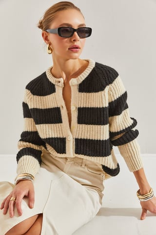 Gestreepte Gebreide Cardigan met Knopen Sluiting