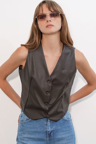 Faux Leather V-Neck Buttoned Crop Vest