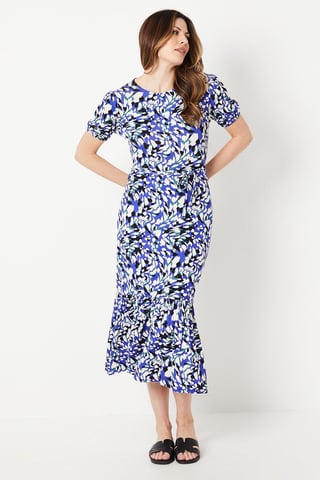 Blue Abstract Puff Sleeve Jersey Midi Dress