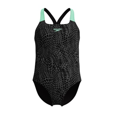 Speedo Meisjes Slangenprint Powerback Eenstuk Zwemoutfit (Zwart/Groen)