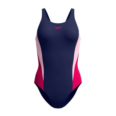 Speedo Splice 2.0 kleurblok-eendelig zwempak voor dames (Marine / Roze)