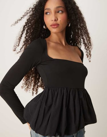 Gina Tricot jersey long sleeve top with woven puff ball hem in black