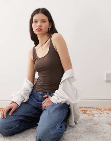 Weekday square neck scoop back vest top in brown