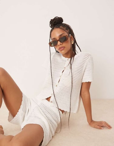 Gina Tricot co-ord crochet button up short sleeve top in white