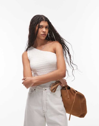 Topshop crinkle one shoulder top in off white