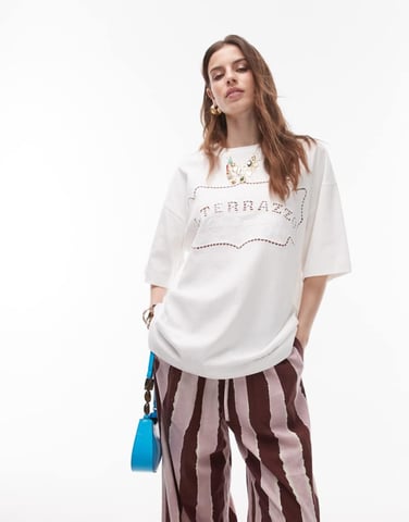 Topshop La Terezza cutwork oversized tee in white