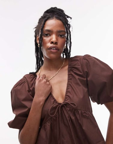 Topshop poplin puff sleeve top in chocolate