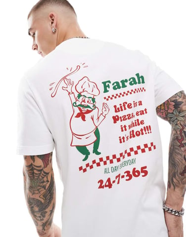 Farah powis t-shirt in white with pizzeria chest and back print