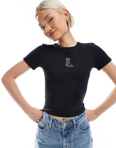 Vero Moda diamante western boot graphic baby tee in black