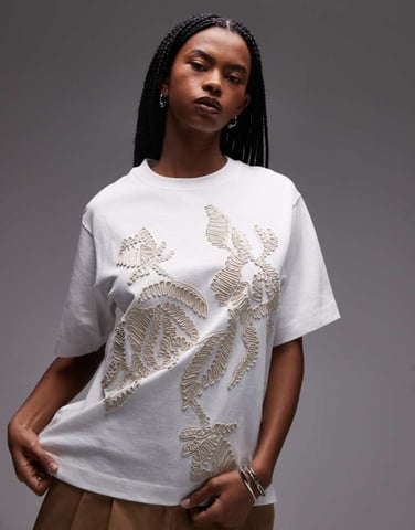 Topshop embroidered floral raffia oversized tee in white