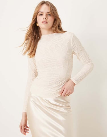Vila long sleeve high neck textured top in birch cream