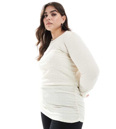Vero Moda Curve textured ruched long sleeve top in cream