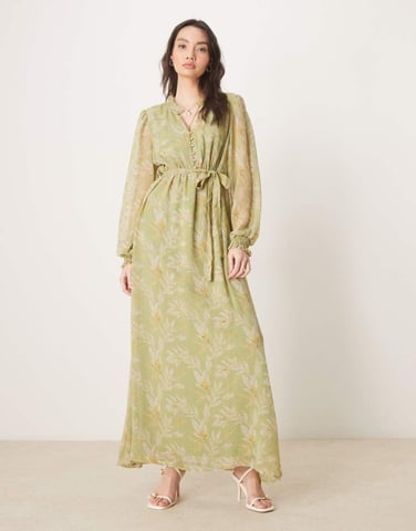 Vila tie waist chiffon ankle dress in sage green floral