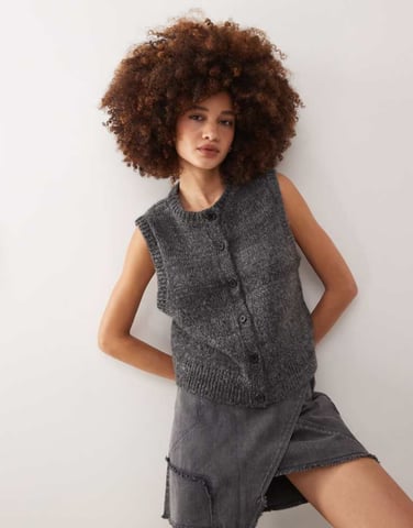 Weekday Peggy knitted button down vest in dark grey melange
