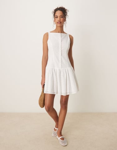 Glamorous drop waist broderie mini dress in white