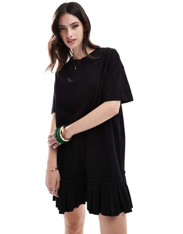 Miss Selfridge poplin frill detail t-shirt dress in black