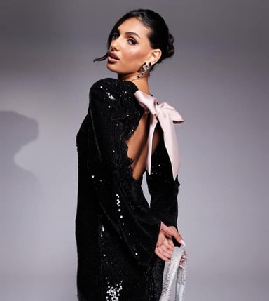 Kaiia exclusive x Sasha Corte exclusive wide sleeve sequin contrast satin tie bow back mini dress in black