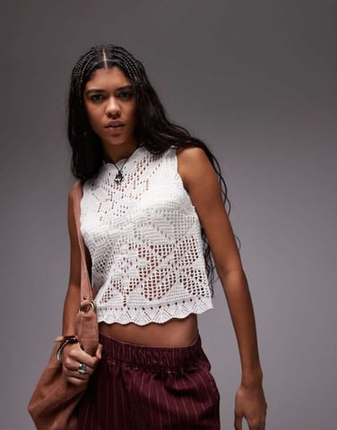 Topshop knitted scallop edge stitchy tank top in ivory