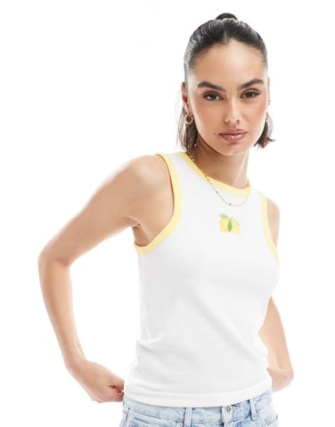 Pieces racer neck vest top with embroiderd lemon graphic in white