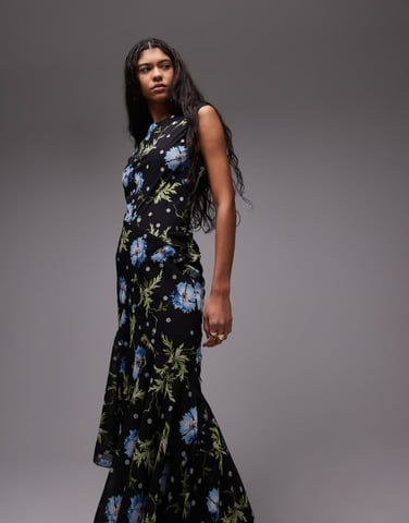 Topshop godet hem boutique occasion midi dress in black based winding floral