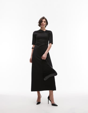& Other Stories jersey long sleeve maxi dress with knotted detail in black