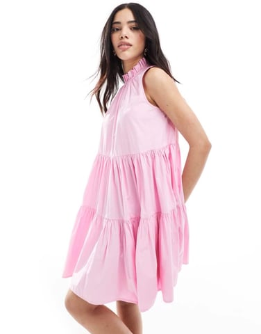 French Connection high neck tiered poplin mini dress in pink