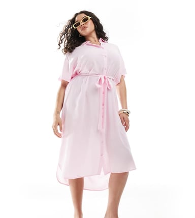 Vero Moda Curve shirt midi dress with tie belt in pink