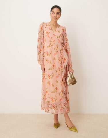 Vila dobby wrap maxi dress with frill detail in rose floral print