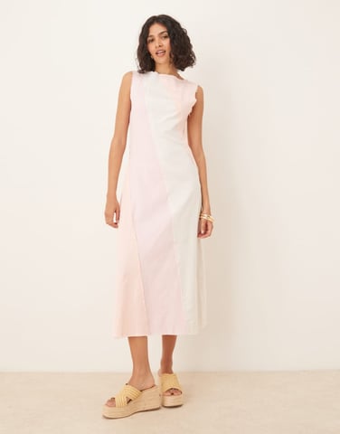 ASOS DESIGN aline contrast panel denim-look midi with raw hem in denim pink