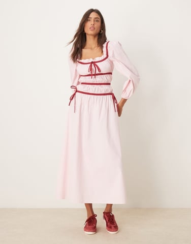 Glamorous long sleeve square neck midaxi dress in light pink with red contrast