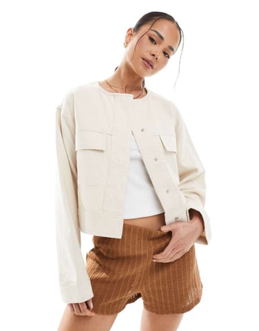 ASOS DESIGN twill collarless jacket in oatmeal