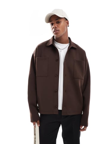 ASOS DESIGN tung oversized skjortjacka i scuba-liknande tyg i brunt