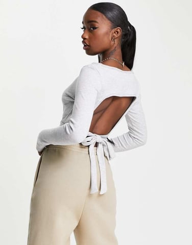 Puma Classics long sleeve ribbed crop top in grey