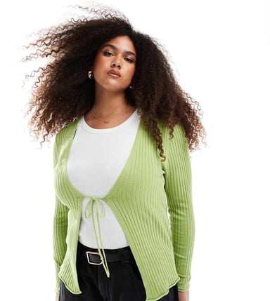 ONLY Curve tie front ribbed cardigan in green