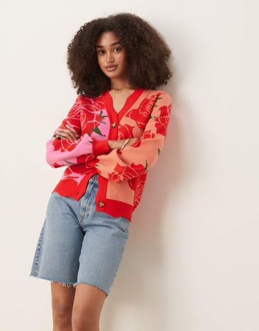 Never Fully Dressed knitted rose contrast cardigan in pink and red