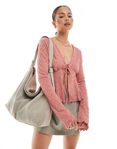 ONLY tie front wide sleeve cardigan in light pink
