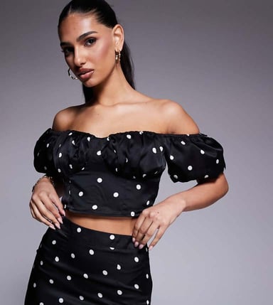 Kaiia exclusive bardot puff sleeve satin crop top co-ord in black polka dot