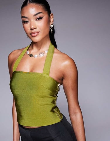 ASOS DESIGN bandage halter strap top in olive