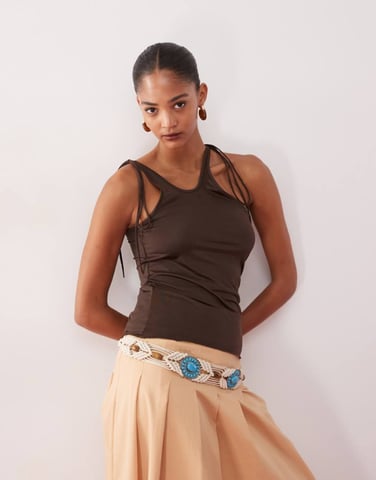 Monki asymmetric tank with tie shoulder detail in dark brown