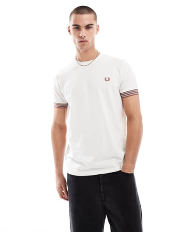 Fred Perry relaxed t-shirt in light beige with striped sleeve cuff