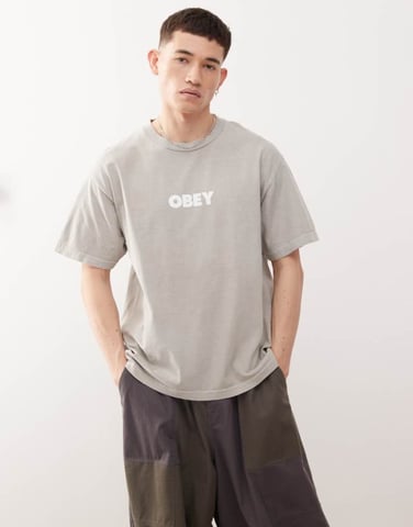 Obey bold graphic logo t-shirt in pigment silver grey