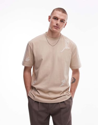 Topman relaxed fit t-shirt front and back floral embroidery in stone
