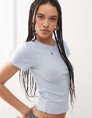 Noisy May ribbed lettuce edge baby tee in light blue