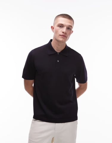 ARKET merino wool knitted short sleeve polo shirt in navy