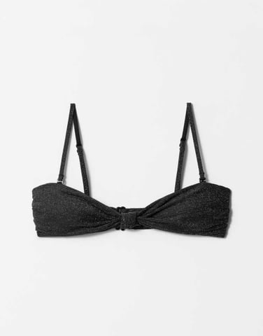 & Other Stories mix and match knot front bandeau bikini top with gold glitter thread and removeable padding in black