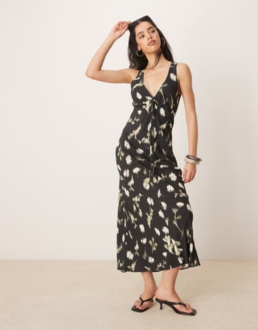 ASOS DESIGN v neck ruched tie midi dress in black based floral