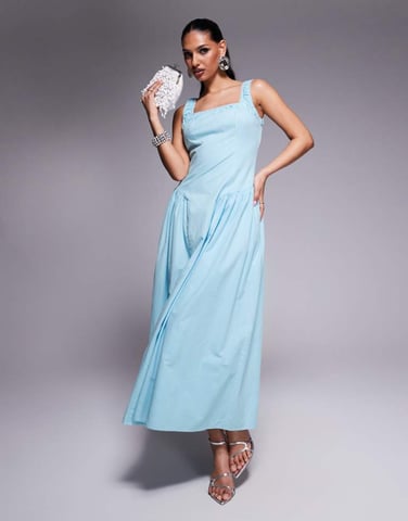 Kaiia exclusive cotton rich square neck ruched lace trim hip pleat detail maxi dress in baby blue