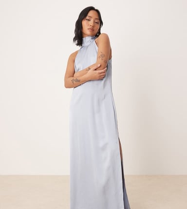 Vila Petite halterneck maxi dress with tie neck in pastel blue