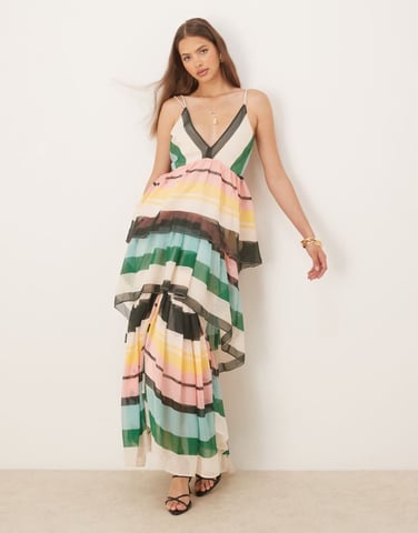 ASOS DESIGN plunge tiered maxi dress with open back in striped print